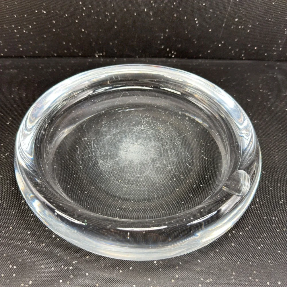 Vintage 1960s Sweden Art Glass Ashtray 8 Inch Heavy Clear Crystal MCM Round